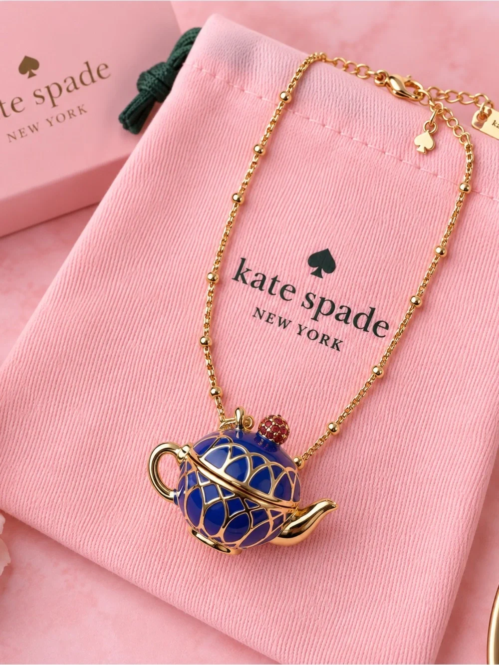 kate spade Gold-Tone Necklace with Blue Enamel Teapot and Red Accent